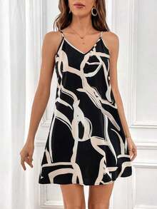 Vestido casual con estampado de contraste y tirantes para ir al trabajo de mujer - Negro - Ver 3