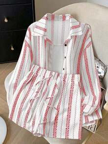 Conjunto de camisa y pantalones cortos de protección solar con estilo bohemio, conjunto de 2 piezas para mujer en verano - Rojo y blanco - Ver 9