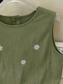 de lino sin mangas con bordado francés para mujer - Verde militar - Ver 4