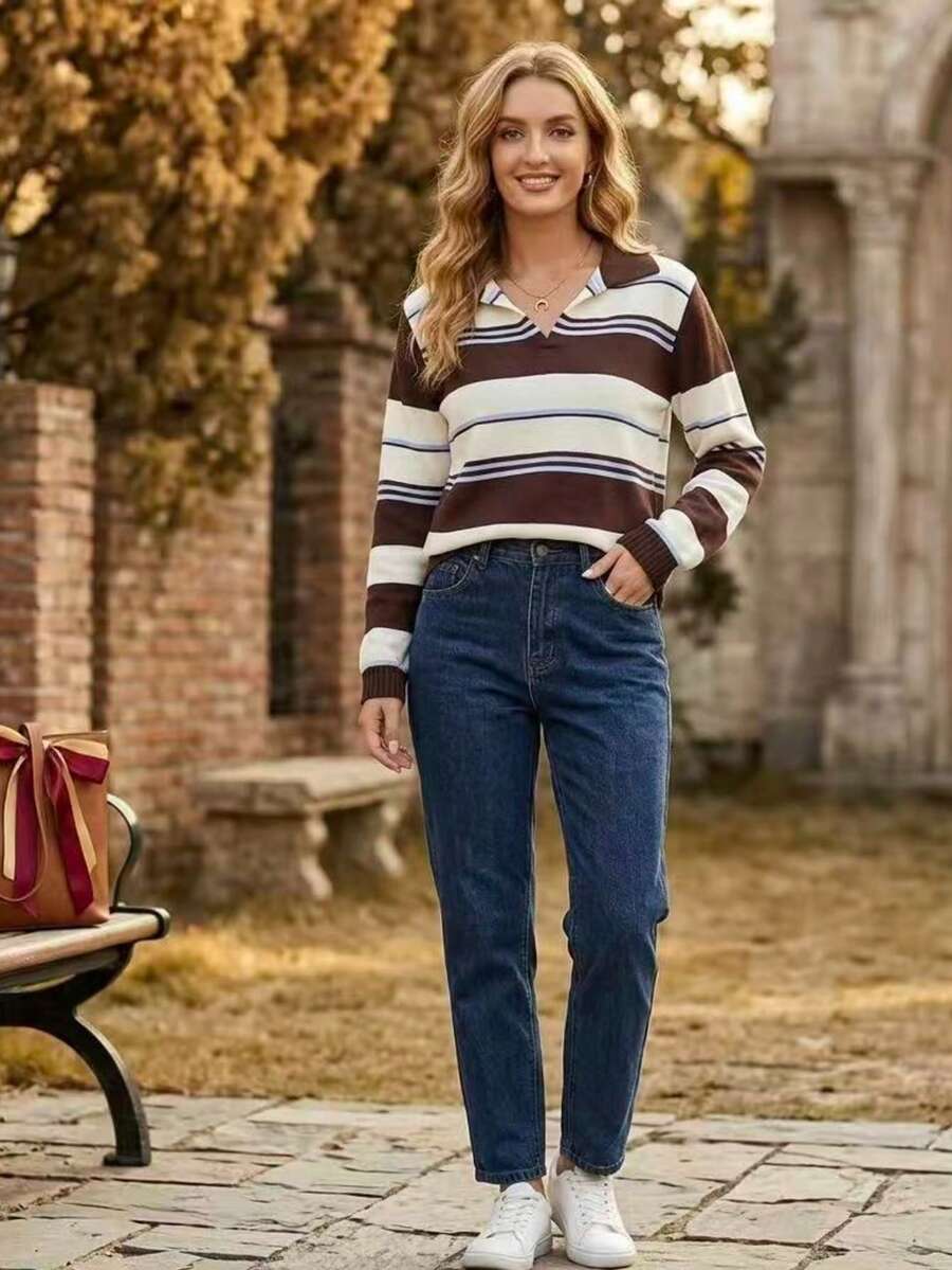Striped Long-Sleeved Knit Shirt - Café integral - Ver 1