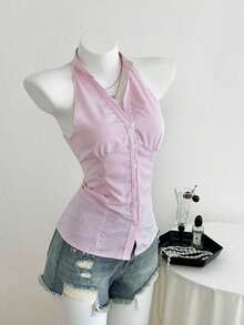 Blusa sin cuello, de corte ajustado, de rayas azules y blancas, sin mangas, de estilo casual para mujer - Rosa - Ver 6