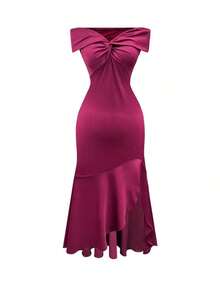 Vestido ajustado con hombros descubiertos y efecto retorcido, sexy y elegante para mujer - Rosa Fucsia - Ver 3