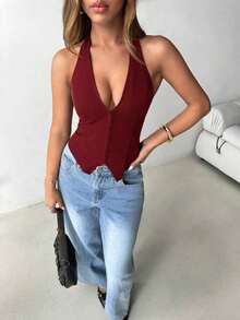 Top halter con cuello en U sexy y diseño abierto en la espalda para mujeres - Burdeos - Ver 5