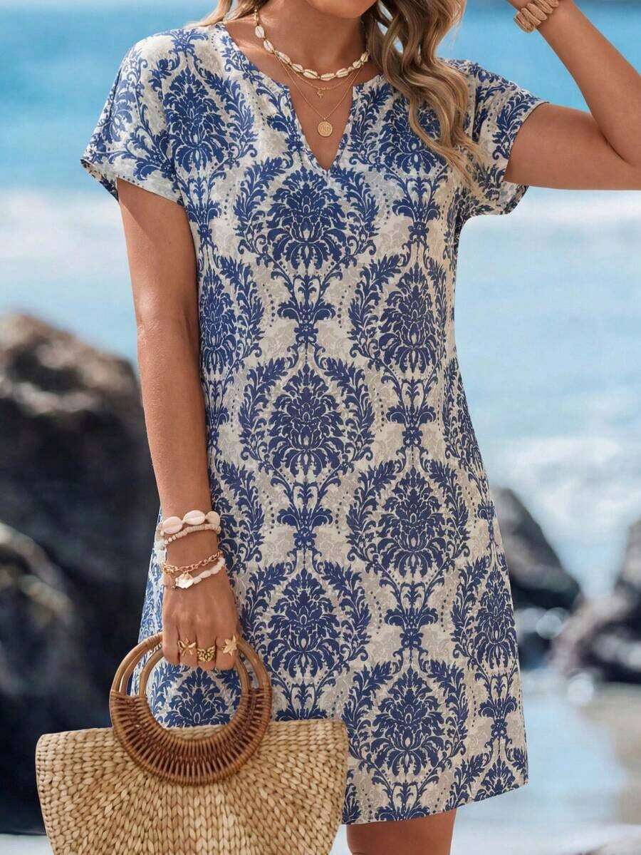 Vestido casual de mujer con estampado floral, cuello en V y manga corta para vacaciones - Azul marino 2 - Ver 1