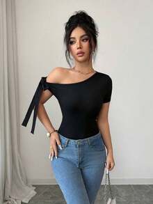 Camiseta de manga corta con lazo para mujer, adecuada para ir al trabajo, de vacaciones, fiestas y reuniones, primavera/verano - Negro - Ver 4