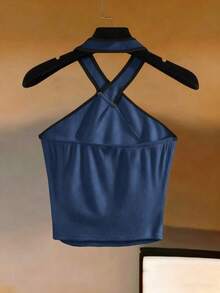 Blusa de cuello halter blanca con ribete negro.Ropa de playa, adecuada para otoño e invierno, uso casual en la oficina, versátil, Navidad, Año Nuevo, uso casual y elegante diario, atuendo profesional de maestro urbano - Azul - Ver 2