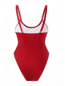 Traje de baño de una pieza con cordones, unicolor, con entramado y diseño sexy y hueco, para verano, playa y estilo boho - Rojo - Ver 5
