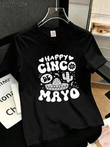 Women's Short-Sleeved T-Shirt, New Summer 2026 Collection, Casual And Versatile Style, Fashionable Round Neck T-Shirt, New And Original Design, Printed With Custom Print Of The HAPPY CINCO DE MAYO Festival, Mexican Style Design With Letter Pattern Print - 黑色 - 查看 6