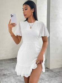 Vestido de gasa de lunares para el Día de San Valentín para mujeres con mangas con volantes y dobladillo acampanado - Blanco - Ver 5