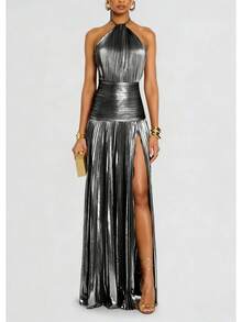 Metallic Pleated Halter Maxi Dress, Ruched Waist With Front Slit, Elegant Evening Gown For Prom & Weddings - Black Silver - View 1