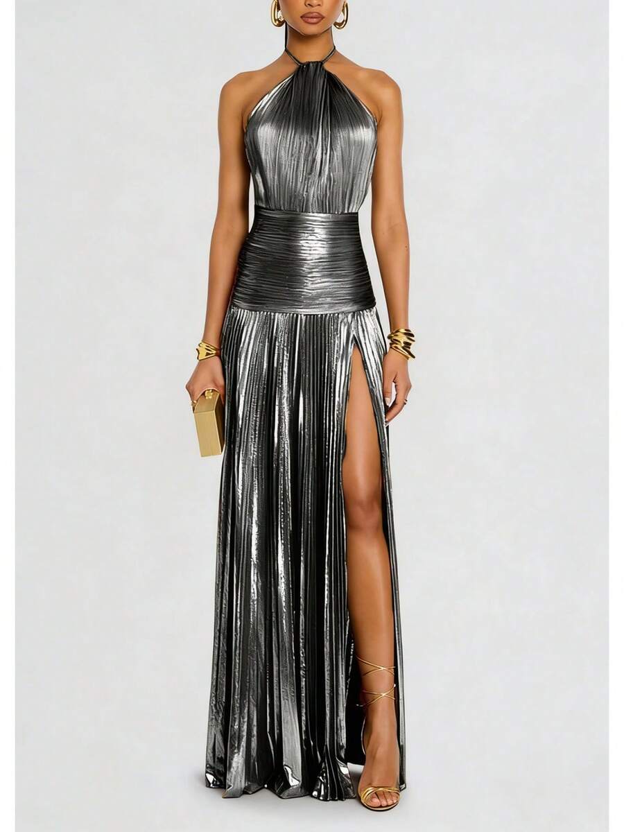Metallic Pleated Halter Maxi Dress, Ruched Waist With Front Slit, Elegant Evening Gown For Prom & Weddings - Black Silver - View 1