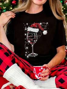 1 Piece 180g Unisex Loose Crewneck Short-Sleeve T-Shirt Playera con diseño de copas, con elementos navideños y efecto de brillos, pero es estampada, con colores de temporada, ideal para uso diario, llamativo, moderno, holgado, cuello redondo, manga corta, ideal para toda la familia - Negro - Ver 1
