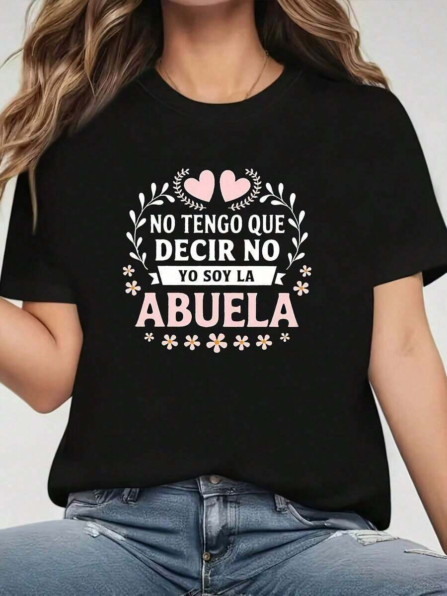 Camiseta de Mujer con Frase de Amor en Español "Abuela" (Abuela) con Estampado de Corona de Corazones - Blusa Casual de Manga Corta y Cuello Redondo para Fiestas, Atuendos Casuales y Temáticos Españoles - Top Cómodo Lavable a Máquinablusas>bonito - Negro - Ver 1