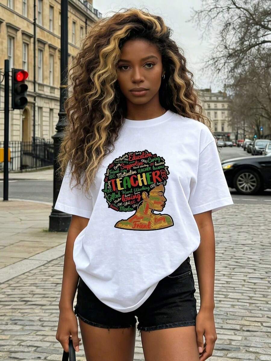 Women's Summer Clothing, Soft And Casual Cotton T-Shirt With A Round Neck, Featuring An African Culture-Themed Design And A Letter Print That Reads "MAESTRO" (Teacher), Conveying A Message Of Support And Educational Care. White. - 黑色 - 查看 1
