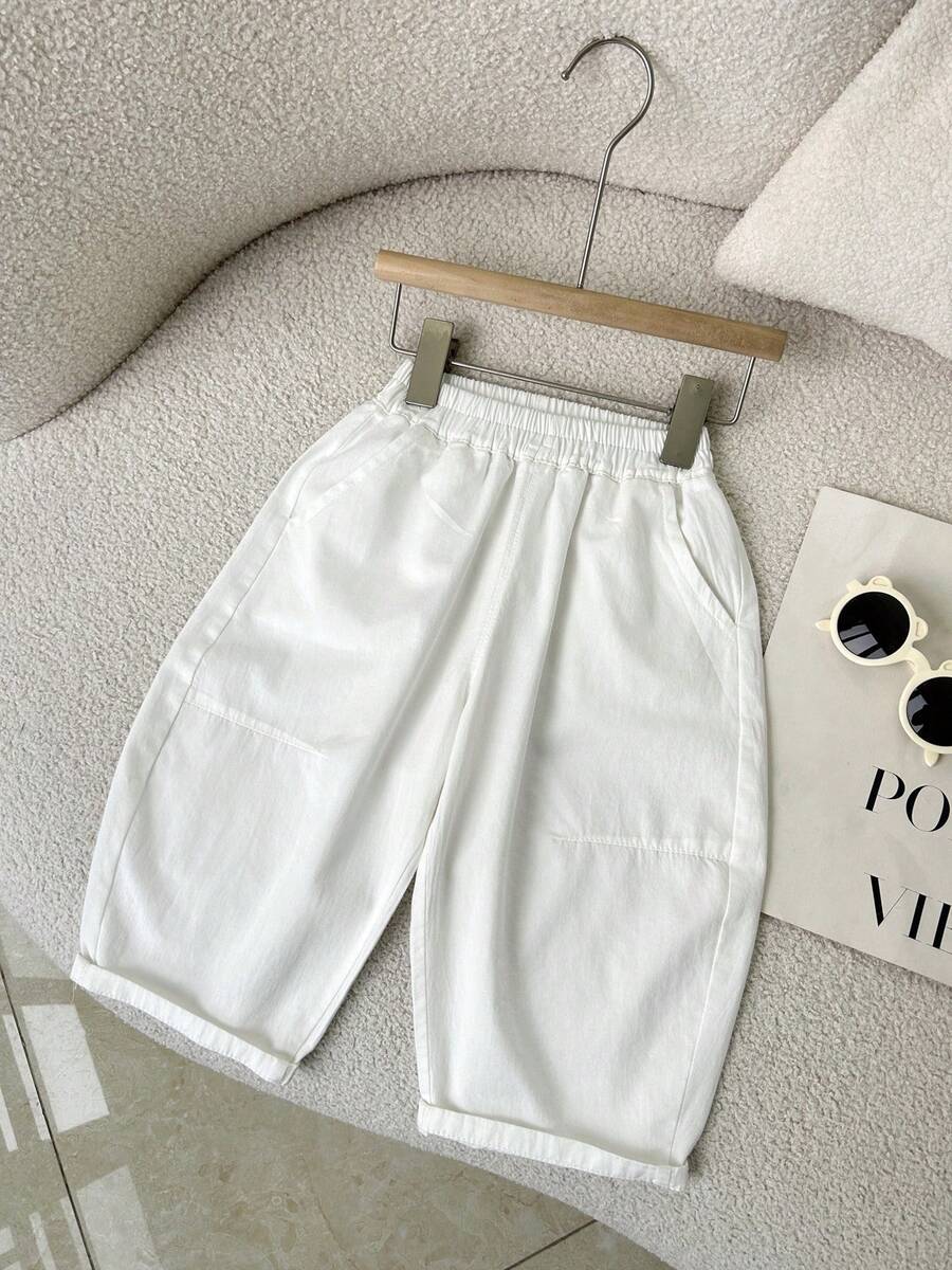 Boys' Fashionable Versatile Casual Pants, Lightweight, Elastic Waist, Comfortable For Summer Outdoor Sports, Cropped - White - View 1