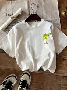 1 Piece Fashion Casual T-Shirt For Men And Women With Tequila, Cocktail, Margarita, Drink, Lemon, Flower, Leaf And Letter Print, Round Neck, Spring/Summer Casual Sportswear For Women, Versatile, Easy To Match, Daily Wear, Urban Style, Vacation Outfit, Weekend Outfit. - 白色 - 查看 3