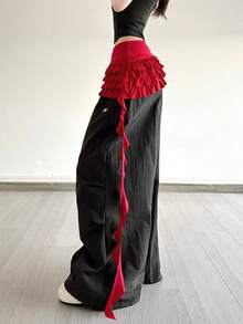 YeonC 女士不对称荷叶边迷你裙，飘逸的系带设计，非常适合舞台和演唱会服装 - 紅色 - 查看 3