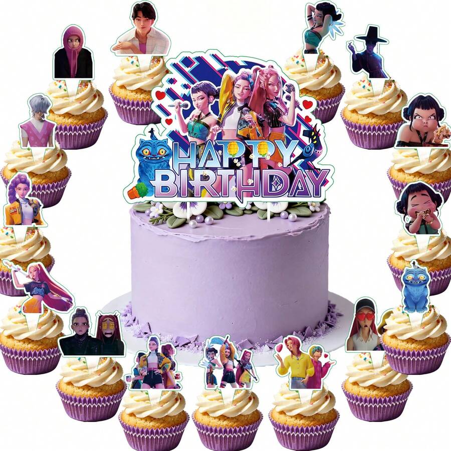 Hasbro Decoraciones de pastel con tema de cantante de música, decoraciones de cupcakes con dibujos animados de cazadores de música, adecuados para decoración de pastel de cumpleaños, recuerdos de fiesta de cumpleaños de banda de música pop - Ver 1