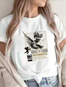 Crisp Women's Sets - Subtle Texture Pattern Blend Shirt | Lightweight And Breathable Design, Crew Neck, Medium Stretch Fabric, Perfect For Daytime Activities And Outdoor Adventures. Plus Size Casual Printed Short-Sleeve T-Shirts For Women, Loose Fit, Stylish Graphic Design, Comfortable Summer Blouses. - 白色 - 查看 7