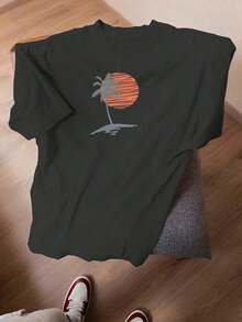 Men's And Women's Tropical Palm Tree And Sunset Print T-Shirt - Orange-Yellow Gradient, Loose Fit, Beach Vacation T-Shirt, Casual Everyday Wear And Tropical Getaways - Unisex T-Shirt - 黑色 - 查看 5
