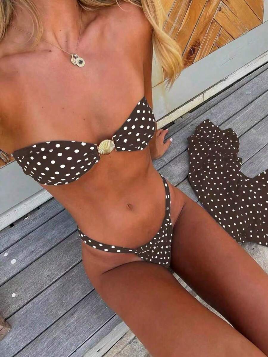 Nuevo traje de baño de dos piezas sin tirantes con cierre metálico y diseño de lunares blancos, ideal para resorts y aguas termales. - Conjunto de dos piezas marrón - Ver 1