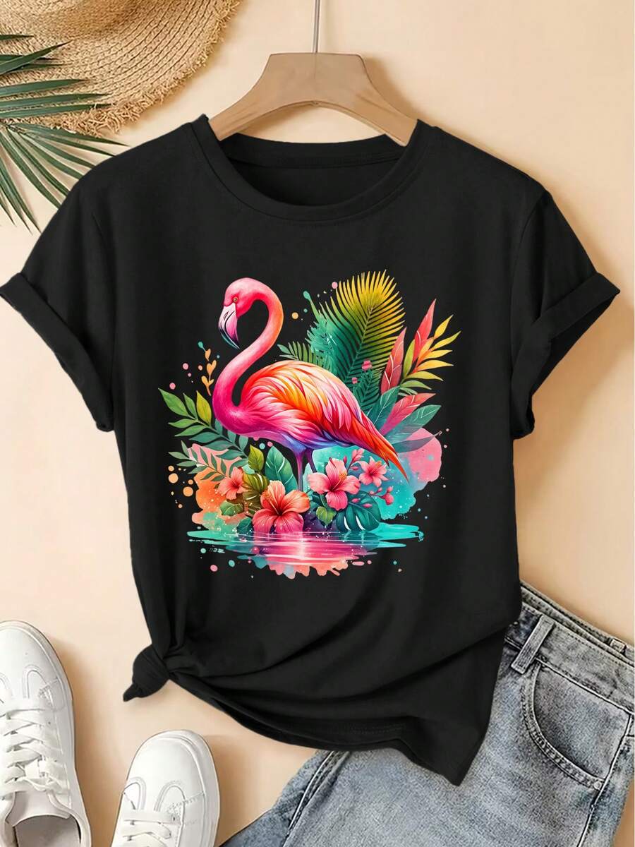Women's Spring/Summer 2026 T-Shirt, New Style, Round Neck, Watercolor Flamingo Tropical Print, Short Sleeve, Vintage Distressed Style, Casual Top, Soft Knit Fabric, High-Quality Women's Clothing. | Fun And Original Design | Suitable For Everyday Wear In Spring, Summer, And Autumn. | Fun And Rejuvenating Top - 黑色 - 查看 1