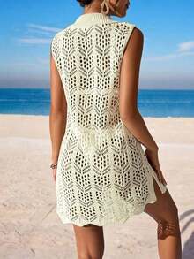 Cubre vestido de punto calado de unicolor para mujer, para el verano - Amarillo claro - Ver 2