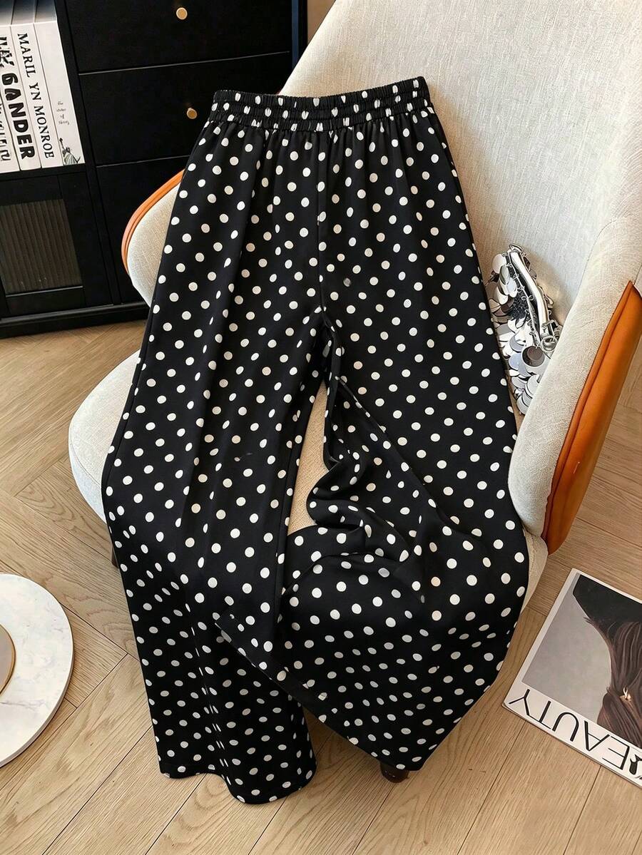 女款四季休閒度假通勤波點印花寬鬆寬腿長褲 黑色 夏季 - 黑色 - 查看 1