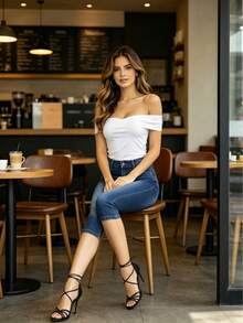 Summer Essential Stretchy Denim Capris – Women's High-Waist Distressed Slim Jeans - 深色水洗藍 - 查看 5