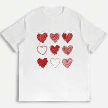Hand-Drawn Heart Graphic T-Shirt, Cute Love-Themed T-Shirt, Casual Everyday Wear, Gift For Women, Romantic Valentine's Day T-Shirt - 白色 - 查看 4