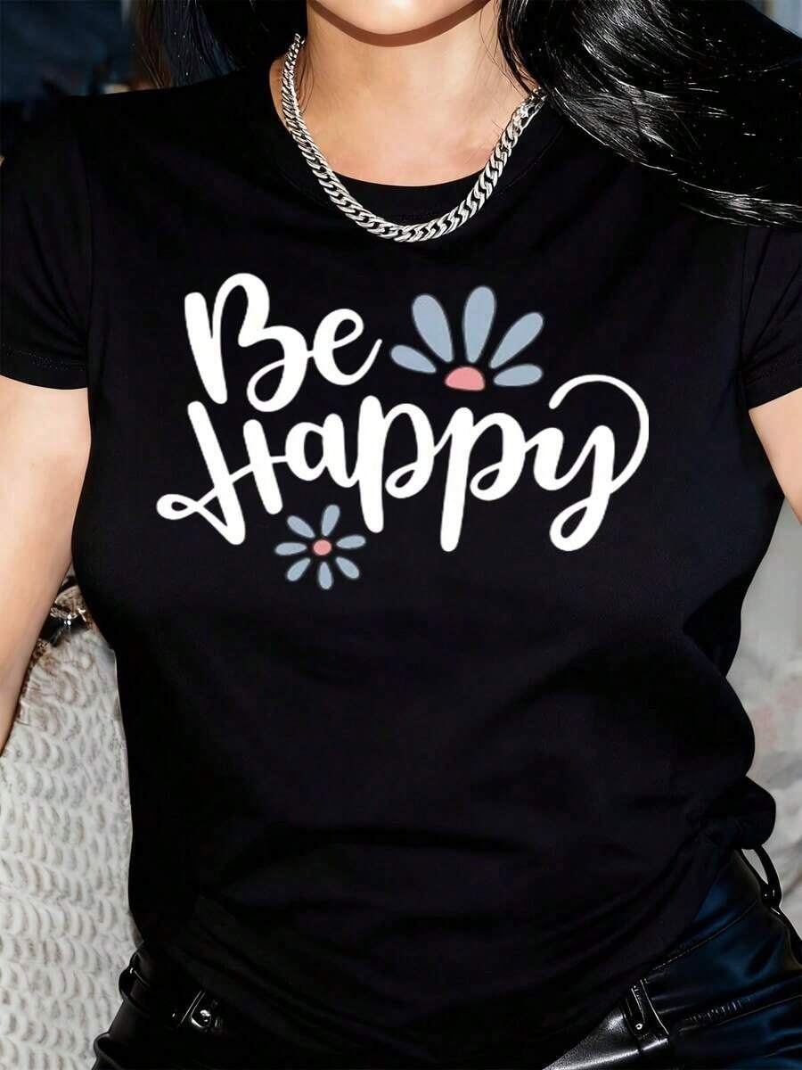 Camiseta de Mujer con Estampado Floral 'Be Happy', Cuello Redondo, Manga Corta, Casual, Adecuada para Uso Diario al Aire Libre, Perfecta para Todas las Temporadas, Espaciosa - Negro - Ver 1