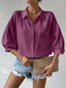 Camisa de mujer minimalista y casual de unicolor con botones delanteros, textura y hombros caídos - Morado - Ver 3