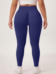 NcmRyu 1pc Women's Solid Color Ruched Waist Slim Fit Plus Size Sports Pants - Navy Blue - View 8