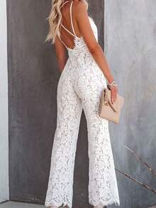 2022 Womens Sexy Lace Sleeveless Backless See Through Mesh Hollow Out Ruffle Long Pants Bodycon Jumpsuit Rompers Clubwear - Blanco - Ver 5
