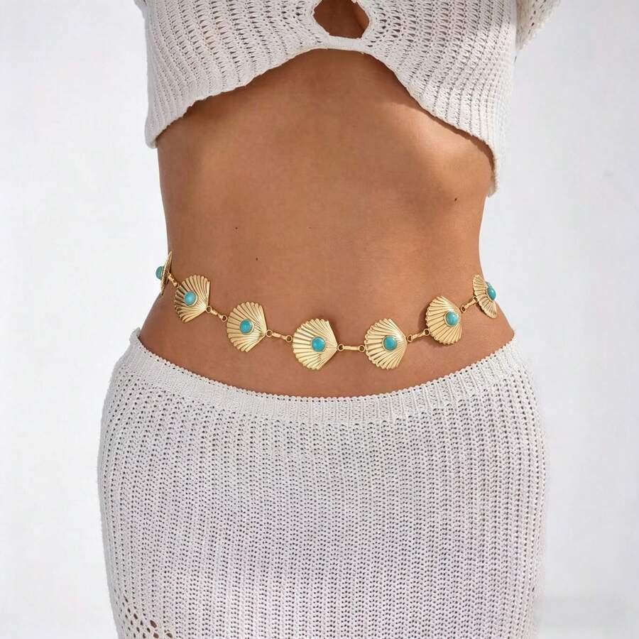 Cadena de cintura estilo bohemio con incrustaciones de turquesa y concha en tono dorado, accesorio para ceñir la cintura - Multicolor - Ver 1
