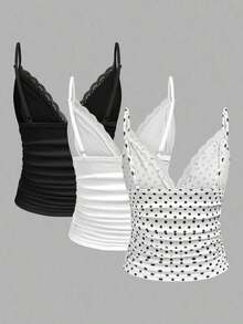 Set de 3 camisetas de mujer con lunares blancos y negros y encaje - Multicolor 3 - Ver 2