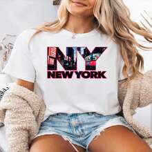 1 pieza clásica y versátil, camiseta corta de algodón puro con mangas cortas, ideal para usar en todas las estaciones. Modelo femenino con dise?o de letras de la ciudad de Nueva York, estilo moderno - Blanco - Ver 2