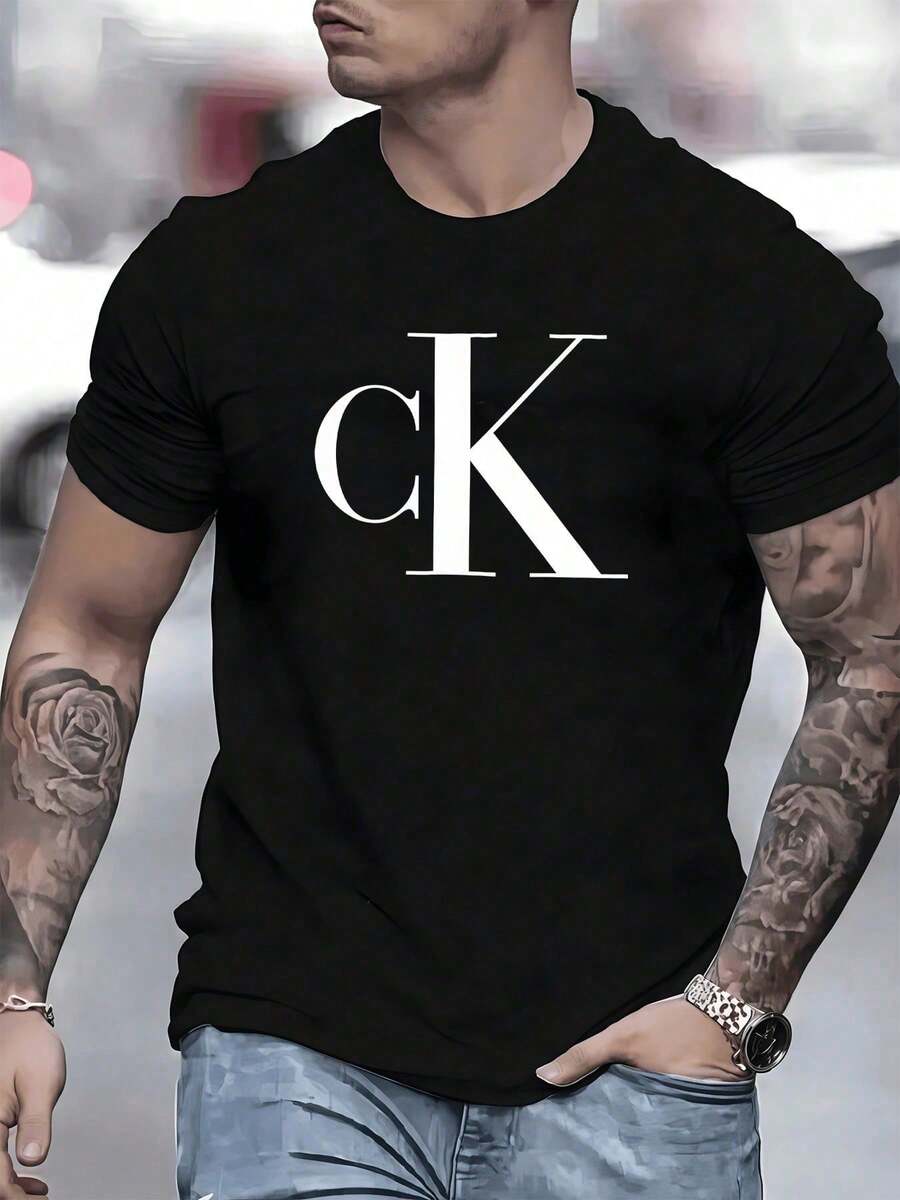 Camiseta de manga corta con cuello redondo camiseta de 100% algodón con estampado digital estilo urbano 1 unidad de 220g camiseta casual para hombre,moda diaria - Negro - Ver 1