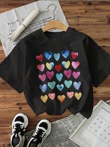 Camiseta de manga corta con cuello redondo para mujer, 100% algodón, suave y transpirable, estilo casual básico, con estampado de corazones coloridos, lavable a máquina, cómoda para todas las estaciones, top con diseño lindo, tela no transparente - Uso diario versátil de verano, tela suave, transpirable y cómoda. - Negro - Ver 10