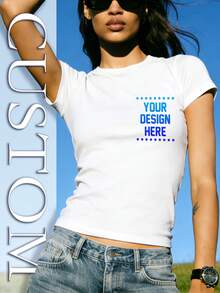 Camisetas Personalizadas para Mujer - Texto, Fotos, Logotipos y Diseños Impresos Personalizados en Camisetas, Tops Ajustados de Manga Corta y Cuello Redondo, Elegantes Camisetas Casuales Personalizables, Ideales para Uso Diario y Ropa Personalizada - Blanco - Ver 6
