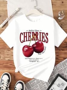 Women's Cherries Aric Eden Valentine Casual T-Shirt, Short Sleeve Graphic Tee With Fruit Print, Cute Summer Top, Fashionable 100% Cotton T-Shirt, Durable - 白色 - 查看 3