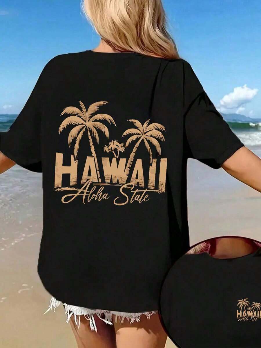 Women's Y2K Hawaiian Aloha Pattern T-Shirt - Black And Gold Tropical Beach Short Sleeve Top - Stretchy Round Neck Casual Vacation Shirt - Machine Washable Hawaiian Style Women's Clothing, Summer Travel Apparel, Loose Fit, Soft Fabric Short Sleeve Top Summer Fashion-high qualityFor Summer - Negro - Ver 1