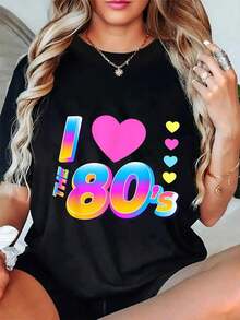 Camiseta 100% Algodón para Hombre y Mujer, Diseño Gráfico Vintage 'I Love 80's', Cuello Redondo, Estilo Clásico, Moda de Verano, Tops para Vacaciones - Negro - Ver 5