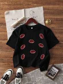 Camiseta de manga corta de moda para primavera y verano de 2026, hecha en México, 180 gramos. Estampado de dibujos animados, modelo de pareja, apta para uso interior o exterior. Cuello redondo, unisex, ideal para oficina y ocio. Paquete de una pieza. - Negro - Ver 6