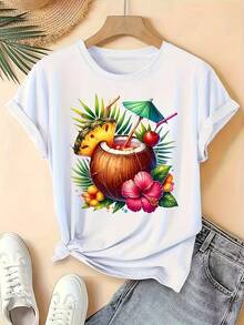 Camiseta de Mujer con Estampado de Bebidas Tropicales - Con Diseños Vibrantes de Piñas, Coco y Flores, Perfecta para Uso Casual en Primavera, Verano y Otoño. Esta Camiseta de Manga Corta con Cuello Redondo de Estilo Vintage Viene en Varios Colores y Es Ideal Para - blanco - Ver 2