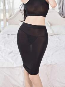 Falda Midi de satén transparente para mujer, falda Sexy ajustada elástica, falda ajustada a la cadera, ropa ajustada a la cadera, ropa para discoteca Dacne - Negro - Ver 4