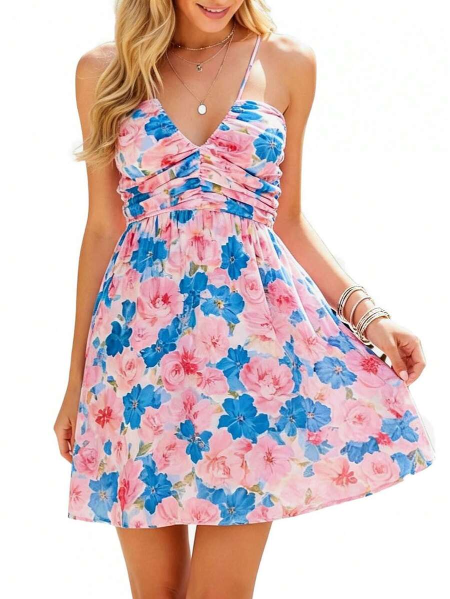 Women's Floral Halter Neck Mini Dress Ruched Backless A-Line Maternity Party Dress With Adjustable Self-Tie - Blue - View 1