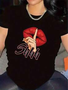 Polyester Short-Sleeved T-Shirt, Suitable For Restaurants, With A Red Lips Design, Bright Colors, Durable And Comfortable To Wear, Ideal For Casual Dining Occasions, Made Of A Soft, Stylish, And Lightweight Fabric, Suitable For Everyday Wear. Cotton T-Shirt, Ideal Gift. - 黑色 - 查看 8