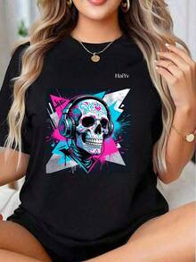 Oferta por tiempo limitado, cantidad limitada disponible,  relámpago, camisas de mujer, camisetas de mujer Playera Casual Blanca de Mujer con Diseño de Calavera con Audífonos, Camiseta Manga Corta, Estilo Urbano y Rock , Ropa Comoda para Jovenes y Fiestas - Negro - Ver 2