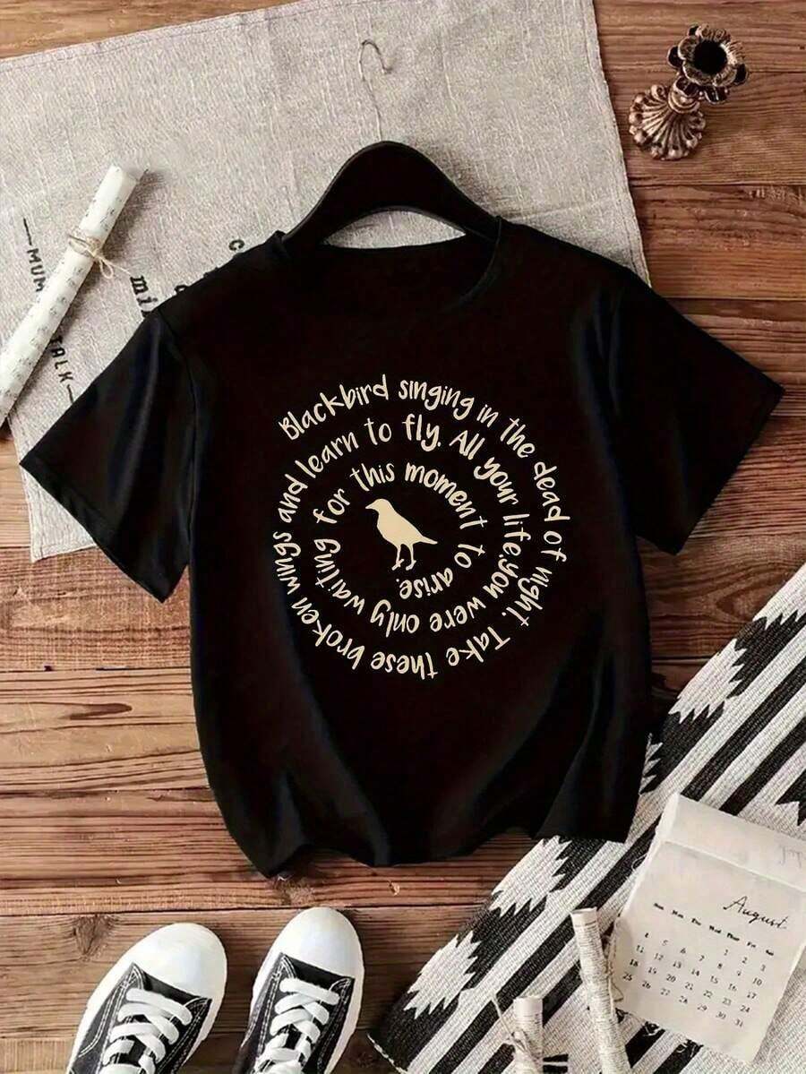 NewSummerCasual1 camiseta de manga corta con cuello redondo para mujer, estilo casual de punto, adecuada para todas las estaciones, sencilla y moderna, con el divertido estampado "Texto Corto y Pájaro", 100% algodón. Camiseta unisex de algodón holgada de manga corta y cuello redondo estilo vintage urbano - Negro - Ver 1